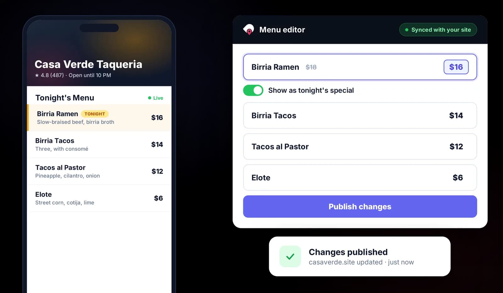A restaurant website and menu built in Droves