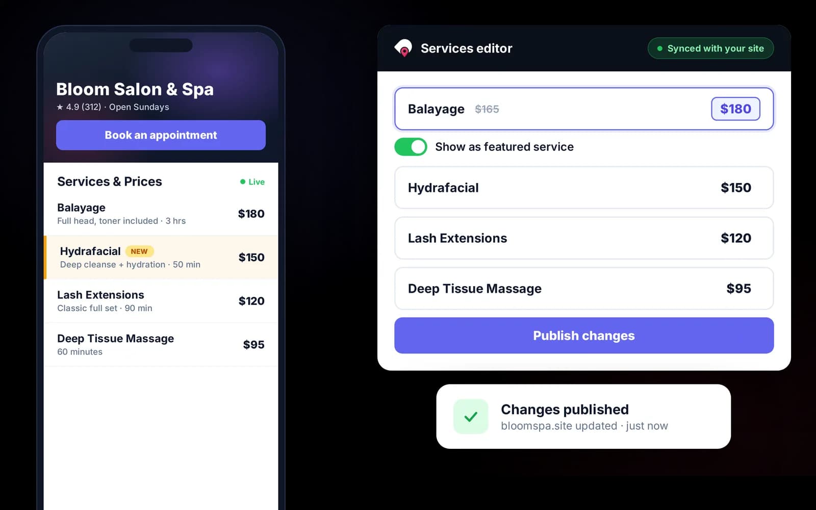 A salon website and booking page built in Droves